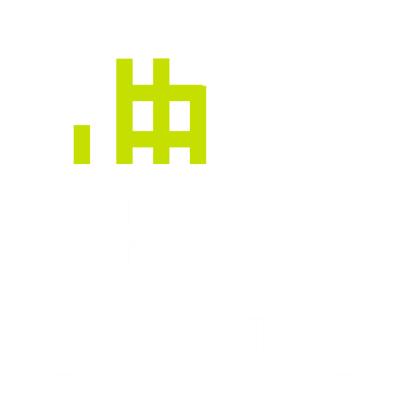 Icono de edificio industrial con chimenea y oficinas, parte superior en verde lima como logo.
