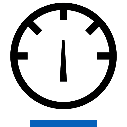 Icon estilo medidor o velocímetro con aguja apuntando al centro y marcas en los cuartos; barra rectangular azul debajo como etiqueta.