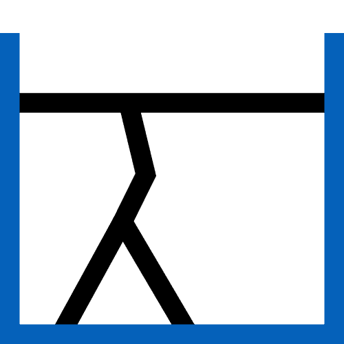 Logo minimalista: piscina rectangular azul con línea negra horizontal y una figura en forma de escalera o salto que conecta superficie y fondo.