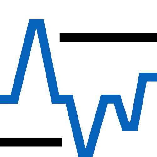 Línea de pulso azul tipo electrocardiograma con dos barras negras horizontales que parecen etiqueta o nombre de marca.